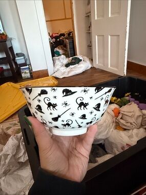 White Ceramic Bowl with Black Halloween Cat & Witch Print